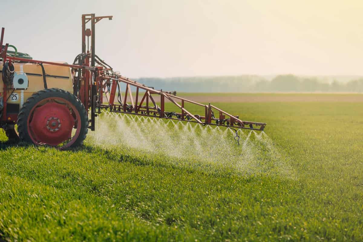 Tractor Spraying Herbicides on Agriculture  Field 